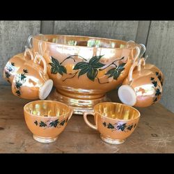 Vintage Fire King Ivy Iridescent Peach Lustre Milk Glass Footed Punch Bowl Set 