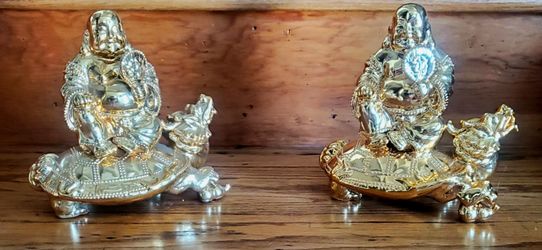 Set of 2 Golden Feng Shui Laughing Buddha on Dragon Turtle Statues - Good Luck & Wealth