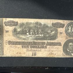 #60  ⚔️ 1864 Confederate States $10 Note – Civil War Era Richmond Issue – Authentic CSA Currency 💵