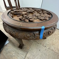 LARGE CHINESE HAND CARVED TABLE WITH 4 STOOLS 