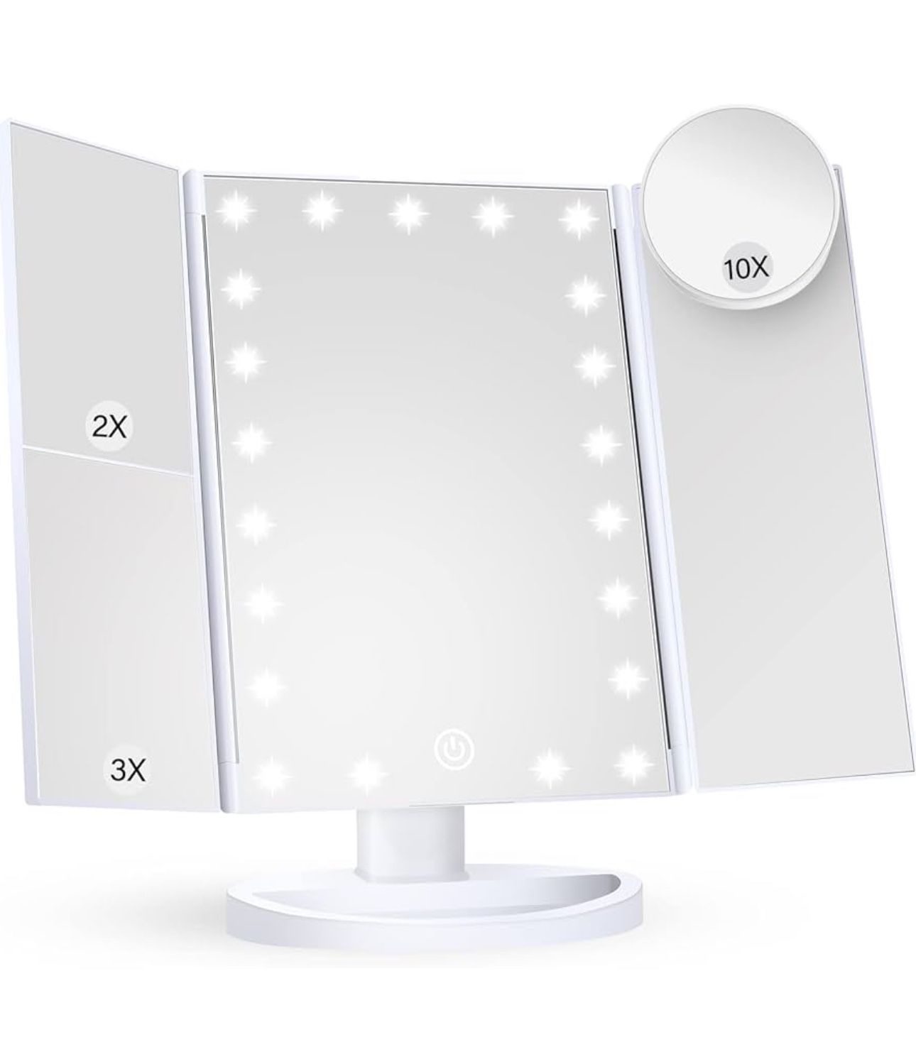 Makeup Mirror Vanity Mirror with Lights, 2X, 3X, 10X Magnification, Touch Control, Trifold, White, 9.4"L x 13.4"W, Modern Style, Dresser Mount, Bathr