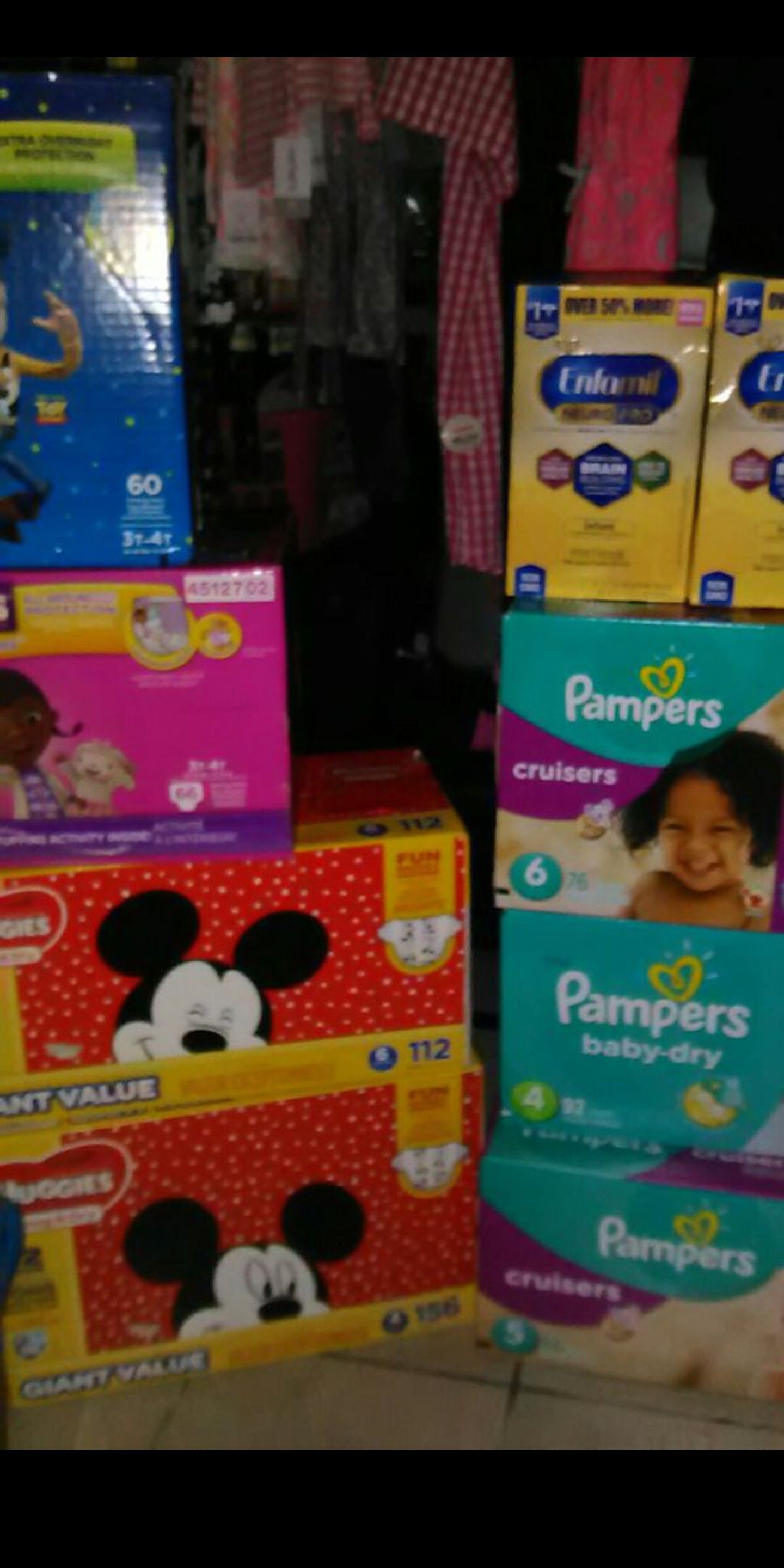 All sizes in huggies,pampers,luvs and a variety of enfamils (all colors) and also I have similac