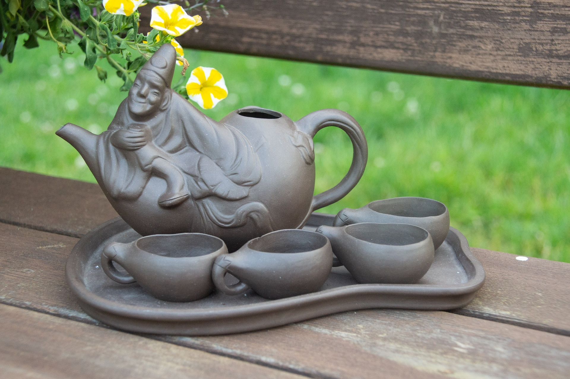 Yixing Smiling Man Tea Set | Purple Clay Teapot | Yixing Teapot with Tray and Cups | Vintage Tea Set