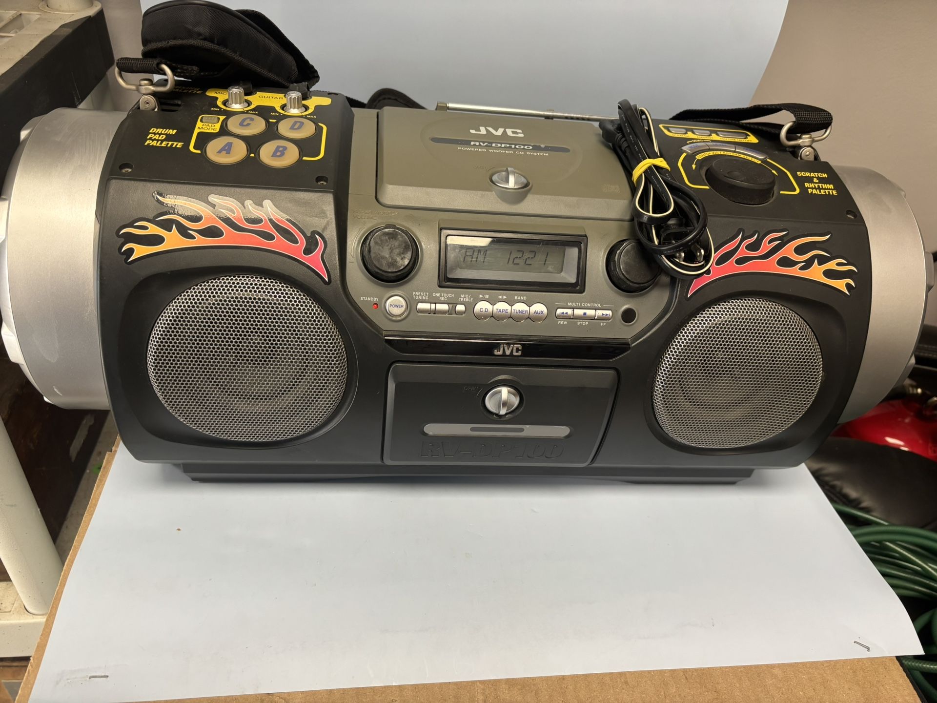 JVC RV-DP100 Radio AM/FM CD/AUX/Guitar & Mic Inputs Drum Boombox With Remote 