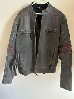 Men's Leather Motorcycle Riding Jacket with Red Piping – Gray/Black Distressed