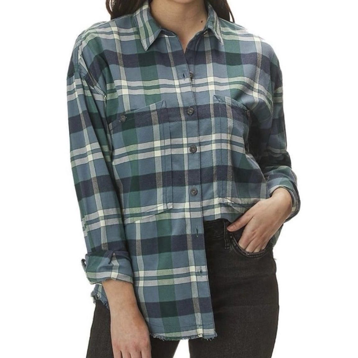 Free people Loveland blue plaid long sleeve button up shirt