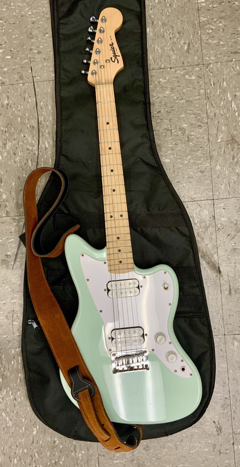 Fender Squier Electric Guitar Brand Mini Edition Beginner Strat Stratocaster Mint Green Musical Instrument Country Jazz Rock Blues Music Audio Sound