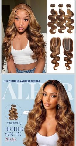 🔥Brand new 🔥 4/27 Honey Blonde Highlight Bundles with 2x6 Closure 18 20 22+18 IN Bundles with Long Deep Middle Part Melt Kim K Closure,Ombre Brown a