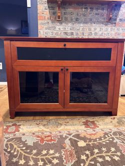 Wooden TV stand with glass doors.
