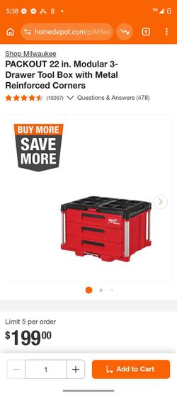 Milwaukee
PACKOUT 22 in. Modular 3-Drawer Tool Box with Metal Reinforced Corners