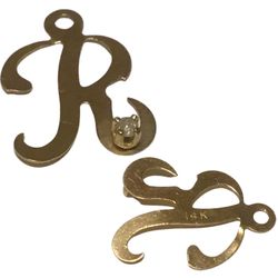 14kt Gold letter “R” script, with diamond, 1/2” tall pendant