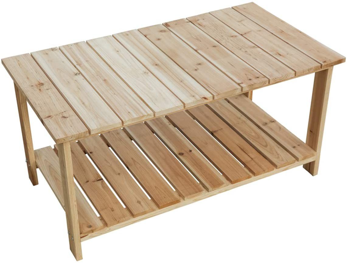 Outdoor Coffee Table Natural Wood Patio with 2-Shelf Storage Organizer