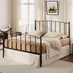 CQueen Size Metal Platform Bed Frame, Iron-Art Headboard, Black Victorian Style, 37" Tall Footboard, Tapered Leg, Strong Support, Easy Assembly, Under