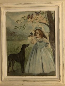 Antique Painting of Girl And Her Dog 20x24