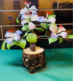 Vintage lavender and green jade Bonsai tree. Japanese art oriental Dogwood flower
