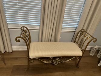 Bernhardt Patina Gold Ornate Iron Upholstered Bench