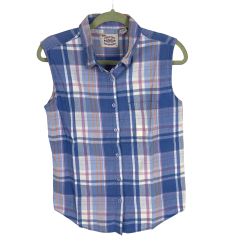 Women's Sleeveless Button-Front Shirt Top Size M Blue Plaid