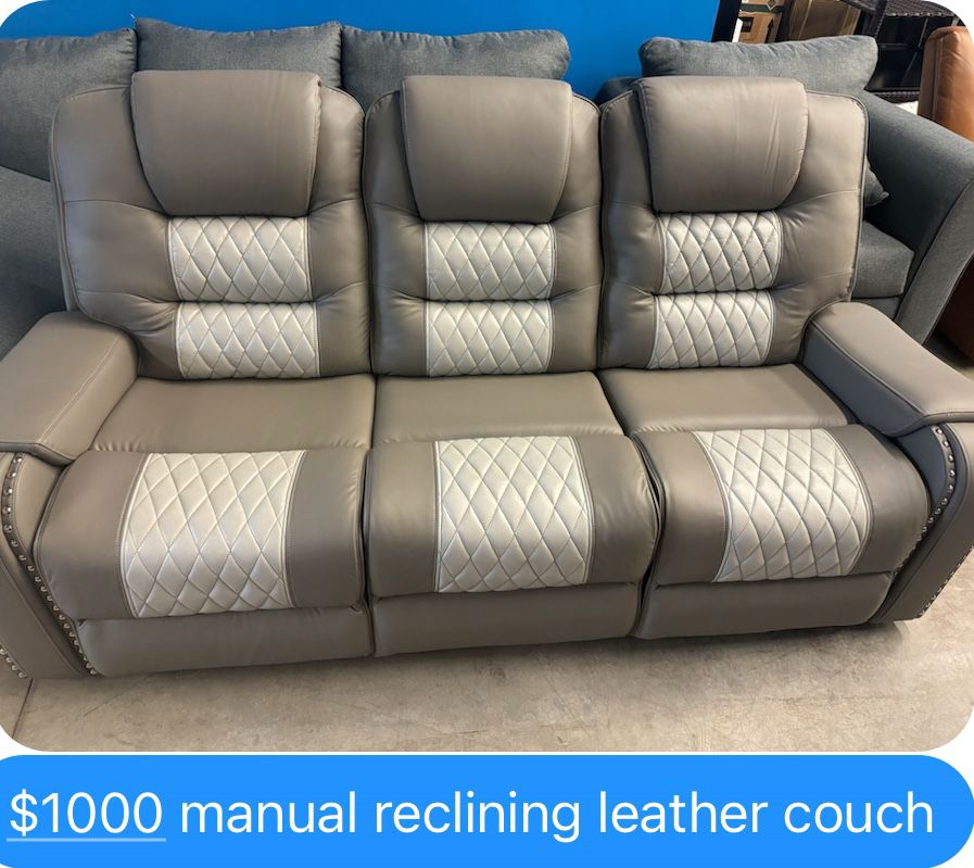 Manual Leather Gray And Light Gray Recliner Couch