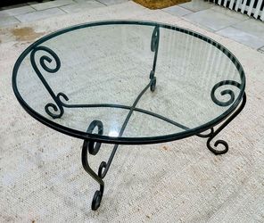 Vintage French Country Wrought Iron & Glass Round Coffee Table