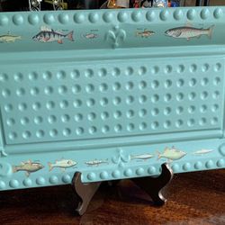 Decorative Metal Serving Tray In Moss Green With Colorful Fish Transfers For Father’s Day For The Fisherman In Your Life!