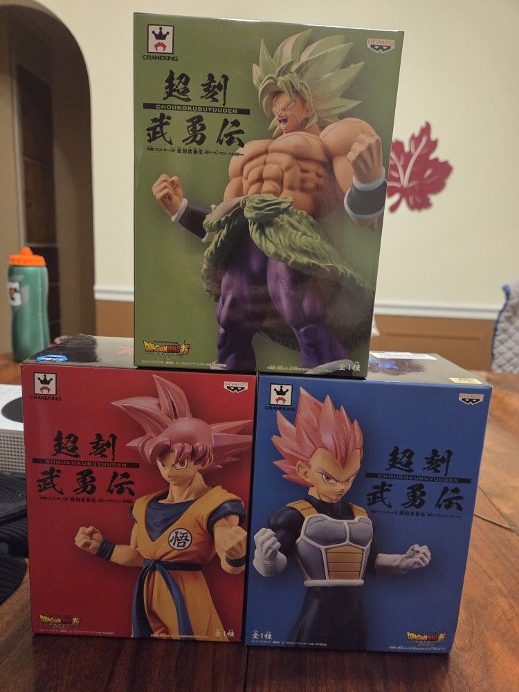 Dragon Ball Super Figure Set – SSG Goku, SSG Vegeta & SSR Broly (New)