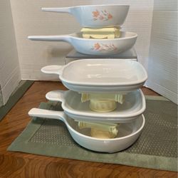 5 Piece CorningWear Set- 2Peach Floral, 2 Grab It, 1 Browning Dish Red