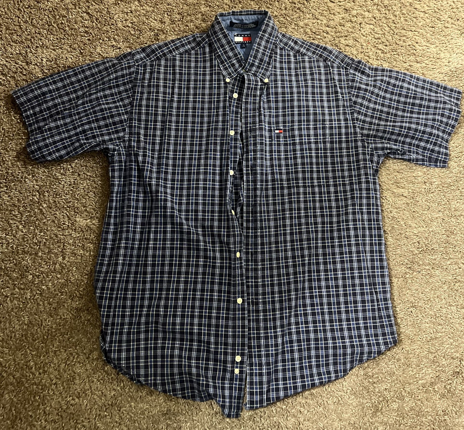 Tommy Hilfiger Shirt Men Large Blue Plaid Short Sleeve Button Up