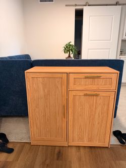 Brand New- Pull Out Trash Can Cabinet with Storage, Natural Oak