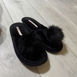 Victoria's Secret Fuzzy Black Pom Pom Velvet Slippers - Sz SMALL   