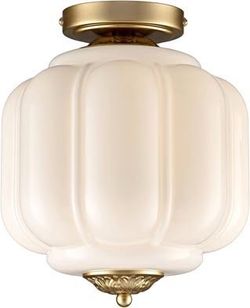 Milk Glass Flush Mount Ceiling Light Fixture, 9.8" Antique Gold, 60W E26 Dimmable, Vintag Farmhouse