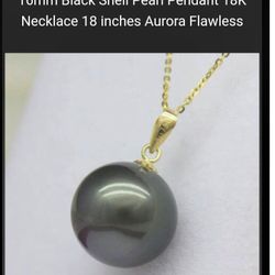 16mm Black Shell Pearl Pendant 18K Necklace 18 inches Aurora Flawless