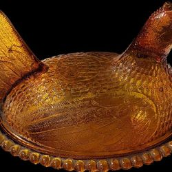 1930's Vintage Amber Gold Indiana Glass Hen on Nest Candy Dish.