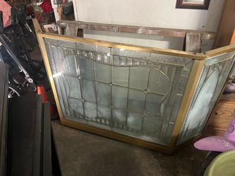 Large Vintage Fireplace Screen Leaded Brass & Glass