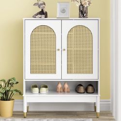 White Rattan Shoe Cabinet for Entryway, White Narrow Shoe Storage Cabinet Wood Multi-Layer Rattan Shoe Organizer for Home and Apartment 