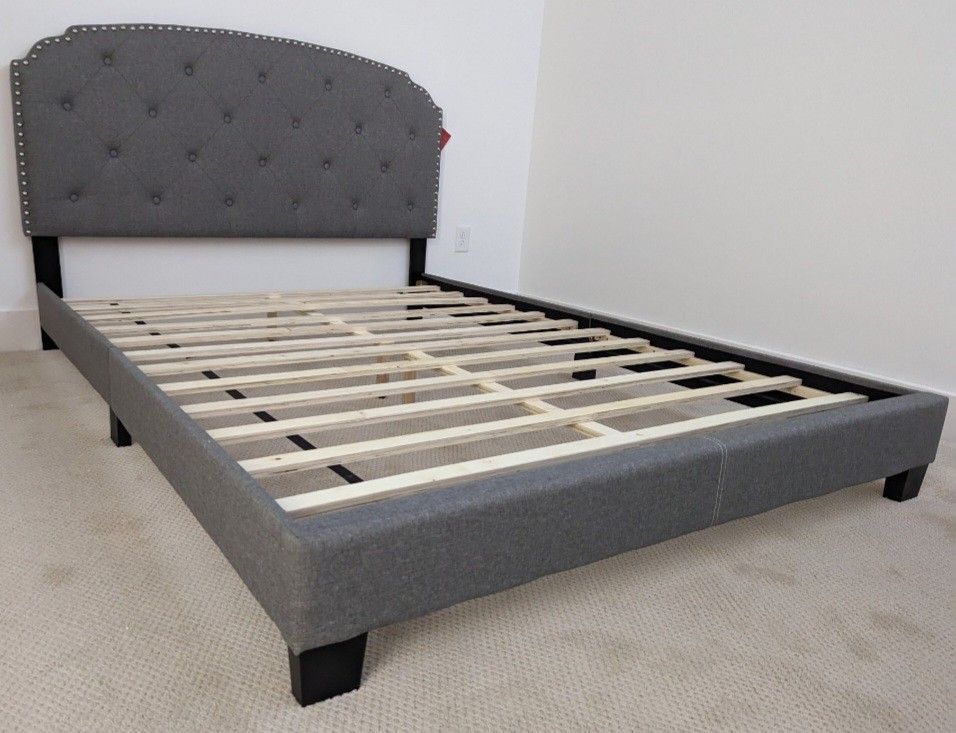 Brand New Queen Size Grey Linen Upholstered Platform Bed Frame (New In Box)
