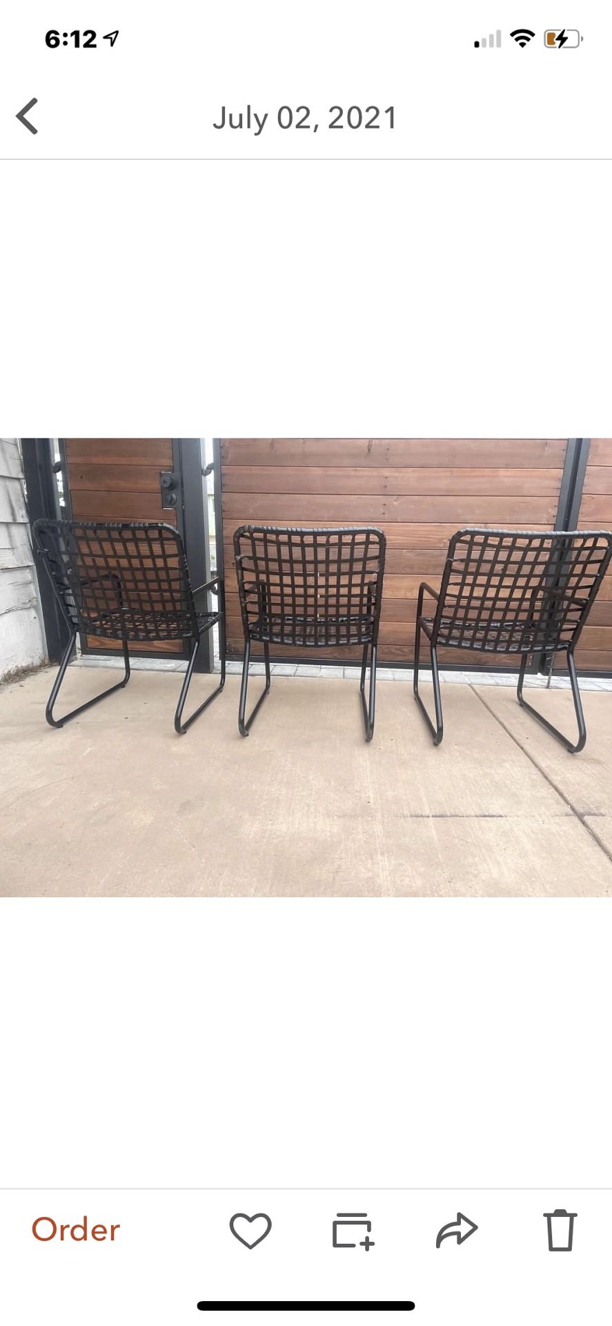 Set of three brown Jordan outdoor patio chairs vantage