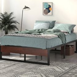 Queen Size Platform Bed Frame with Wood Accent - Sturdy, No Box Spring Needed