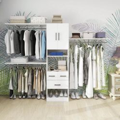8FT Wooden Closet System| Walk-In Wardrobe Organizer with 4 Drawers, 3 Shelving Towers, Built-In Garment Rack, 1000 LB Capacity, White