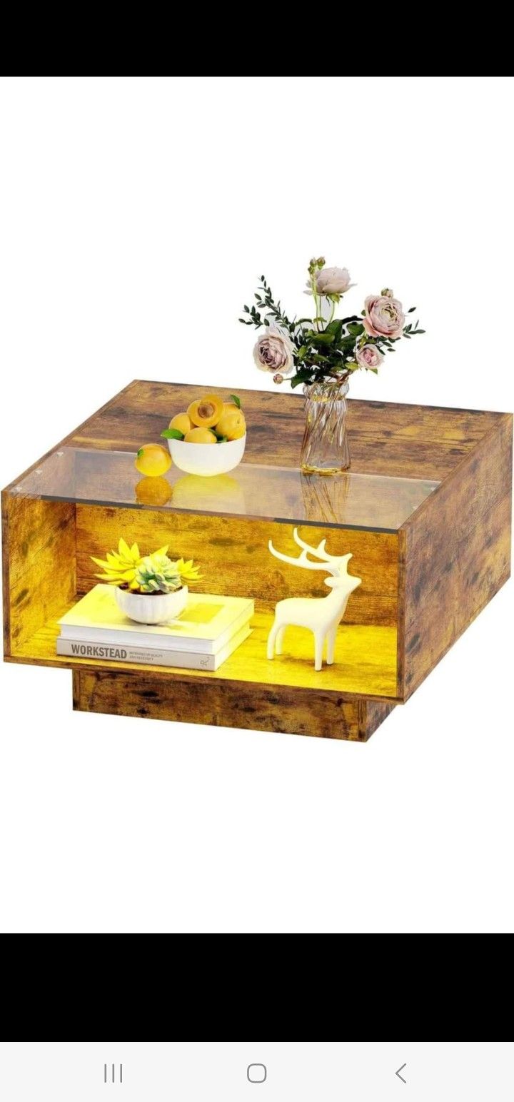 HOME BI Mesa de centro LED única para sala de estar, mesa central con 2 cajones de vidrio de almacenamiento para noche de juegos, 16 colores con luces