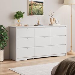 9 Drawer White Dresser for Bedroom with Deep Drawers, Large Dressers & Chest of Drawers Handle Free, Modern Long Dressers for Closet Bedroom, Living R