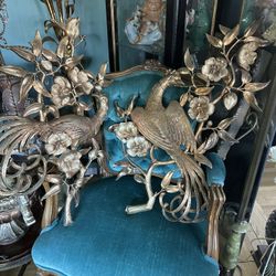 Pair Of Mid Century Gilded  Syroco Peacock Wall Plaques 