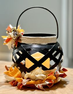 Handmade Rustic Lantern with Fall Leaves Ribbons – Battery Operated Candle Autumn Centerpiece