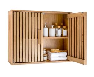 Bathroom Wall Cabinet with 2 Slatted Doors and 3-Level Adjustable Shelves