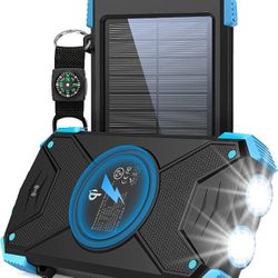 BLAVOR Solar Charger Power Bank, Qi Wireless Charger 10,000mAh External Battery Pack Type C Input Output Dual Super Bright Flashlight, Compass
