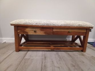 Wood Storage Bench with Grey Upholstered Seat