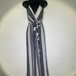 White and navy striped jumpsuit
