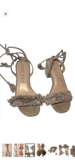 Sole Society Taupe Suede Fringe Block Heel Sandals Lace Up Tassel Boho Size 6