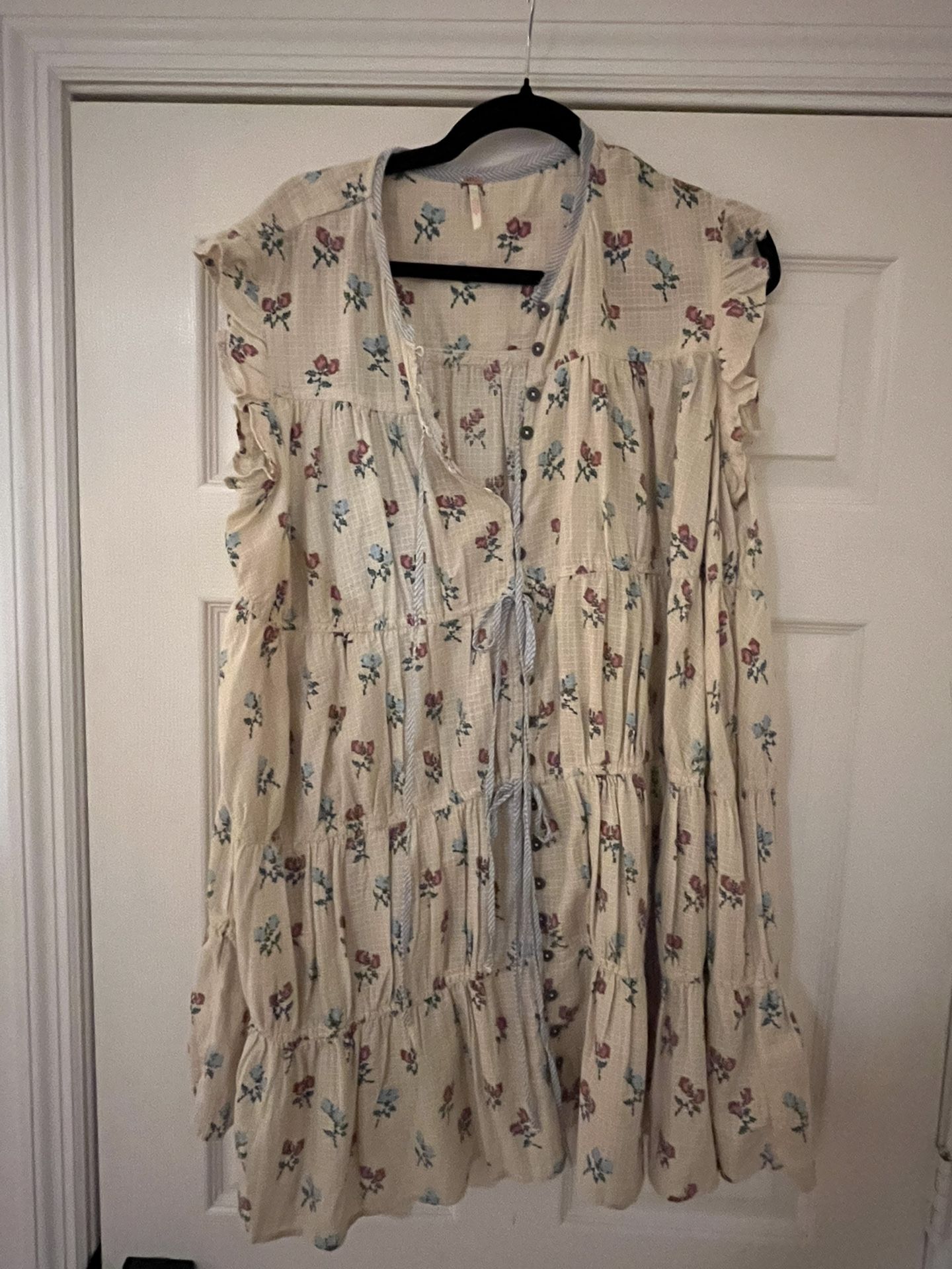 Free People Floral Blouse in Cream with Red and Blue Accents