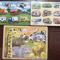 Melissa & Doug Wooden Puzzle Lot. Animals, Cars, Trucks, One Panel Has Sound 