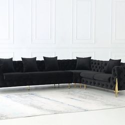 Velvet Tufted Black And Gold Sectional Couch $50 Down With Financing 